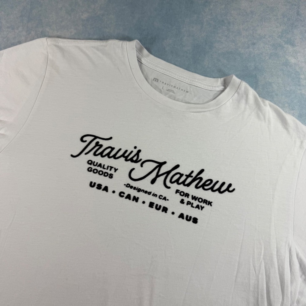 TravisMathew Graphic Tee Mens Large White Excellent Quality Goods Cotton Shirt